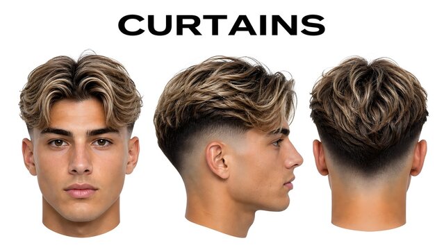 A young man with a modern textured curtains haircut and a mid fade
