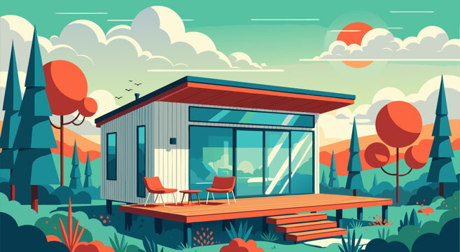Modern Prefab Tiny House in Nature Vector Illustration Featuring Minimalist Cabin Architecture and Scenic Forest Landscapes in Vibrant Colors