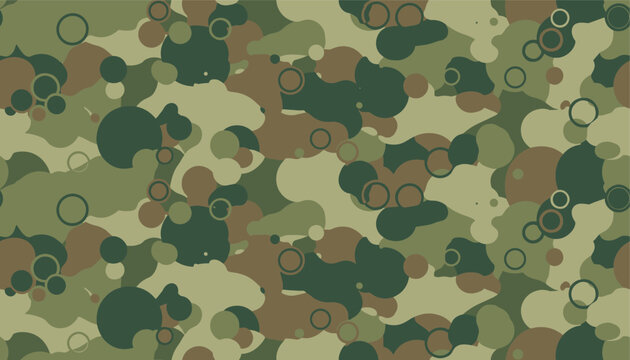 Unique camouflage pattern using various shades of green and brown with overlapping circles for military and outdoor fashion applications.