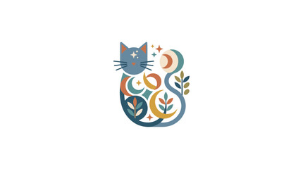 Boho Celestial Cat Illustration with Floral and Moon Elements © Ahmad Zayyan Rafif A
