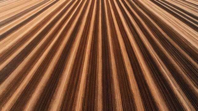 An aerial view of a vast farmland with meticulously tilled rows and strategically placed testing equipment, a sense of order and progress