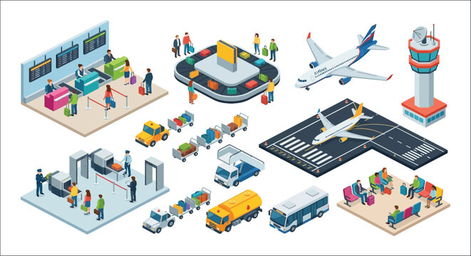 Airport Scene Illustration With Passengers Planes And Infrastructure