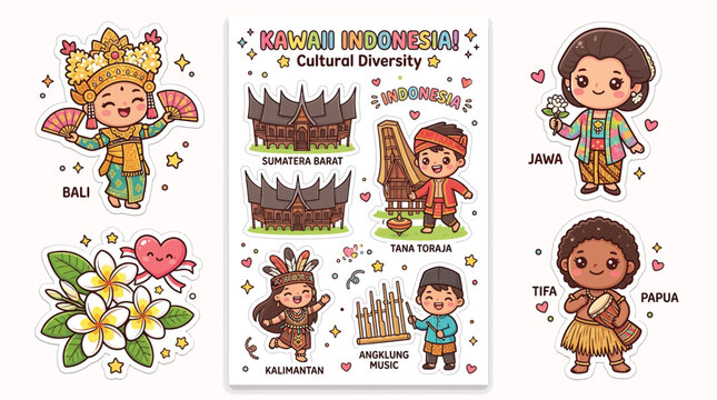 Cute Indonesian Cultural Diversity Illustrations Featuring Traditional Costumes and Landmarks.