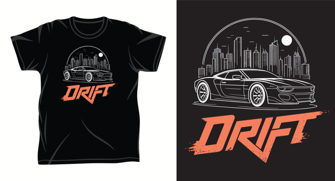 Automotive car drift vector illustration with city skyline background for apparel design.