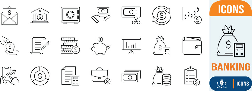 Financial and banking outline icons. bank icon set, wallet icon set, cash icon set