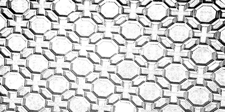 Black and white geometric pattern with octagons and crosses isolated on transparent background