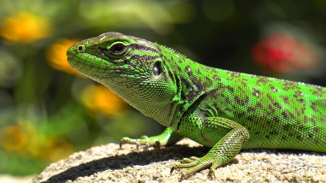 Close-up of a vibrant green lizard basking on a sunlit rock