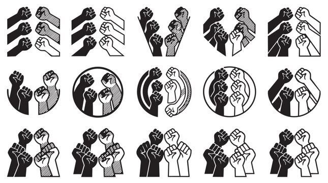 Collection of hand drawn protest icons with raised clenched fists symbolizing power and unity