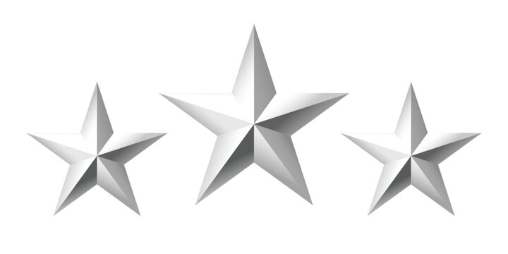 Three silver metallic stars rating rating set in 3D style. Clean geometric star icons representing review, feedback, quality and ranking. Isolated on transparent background, perfect for UI design, app