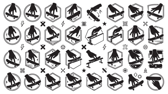 Set of skateboarding trick icons and emblems featuring board maneuvers and hand gestures, skateboard
