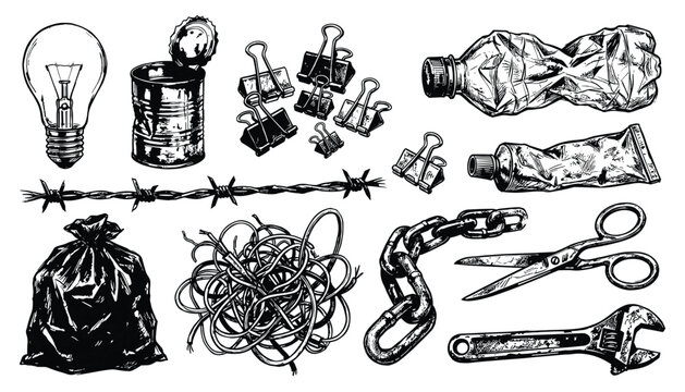 Collection of trash and discarded items on transparent background vector set of recycled materials and waste objects.