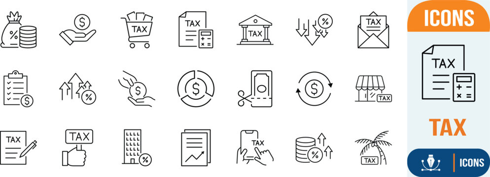 Financial tax accounting vector line icons. tax document icon set, money icon set, calculator icon set