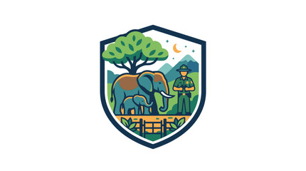 Elephant Family Protected by Ranger in African Wildlife Reserve Emblem © lia