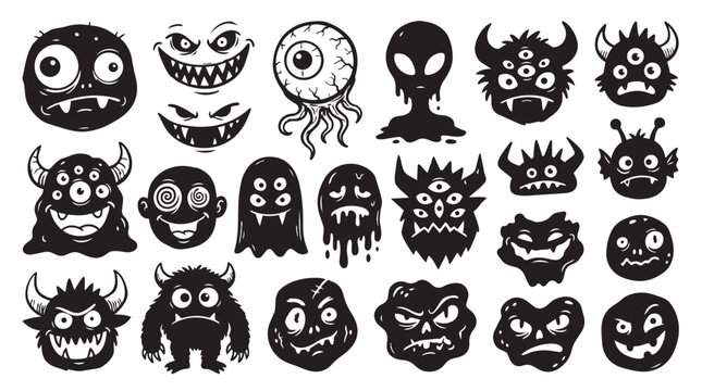 Funny cartoon monster faces and creepy creatures hand-drawn silhouettes with creature, halloween