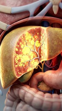 Fatty liver metabolic syndrome concept art of human organ anatomy with glowing yellow fat deposit and vessel network inside abdomen showing digestive system detail including stomach intestine