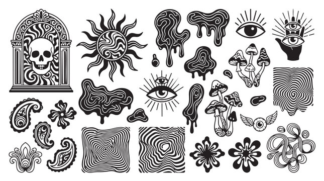 Collection of abstract trippy and psychedelic black and white graphic doodles with psychedelic