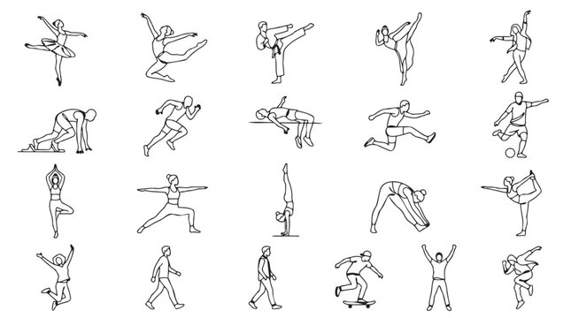 Set of black and white line art sketches of people in various active sport and exercise poses
