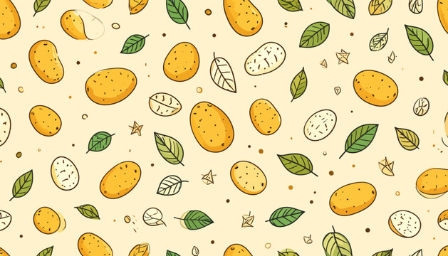 Hand-drawn pattern featuring a delightful arrangement of potatoes and leaves, creating a charming and rustic backdrop