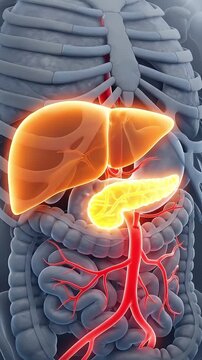 Human anatomy digestive organ liver pancreas blood vessel metabolic syndrome medical illustration of human torso anatomy liver pancreas metabolic health syndrome concept with glowing organ highlight