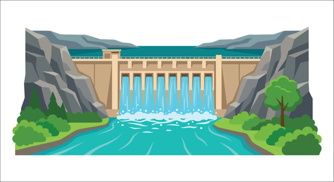 Concrete dam with flowing water and surrounding rocky landscape vector illustration