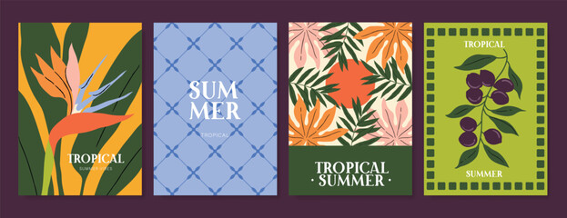 Obraz premium Abstract tropical summer background poster vector set. Minimal hand drawn Card design with monstera leaf, palm leaves. Painting for summer season, wall decoration, interior, background.