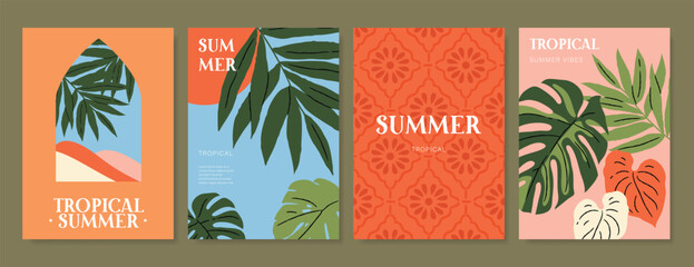 Obraz premium Abstract tropical summer background poster vector set. Minimal hand drawn Card design with monstera leaf, palm leaves. Painting for summer season, wall decoration, interior, background.