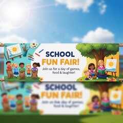 Fototapeta premium School Fun Fair Banner with Kids Playing Games and Art Activities