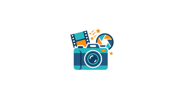 Camera icon with film strip and lens shutter design