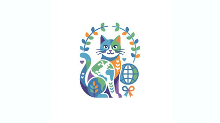Colorful Illustration of a Cat with Earth Elements and Floral Wreath © Ibrahim Haidar Zayn 