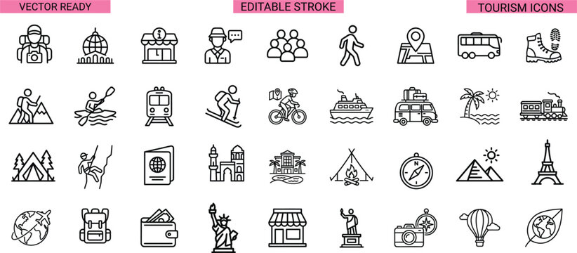 Tourism And Travel Line Icons Bundle Editable Stroke Vector Collection For Adventure Transportation Landmarks Vacation And Destination Design