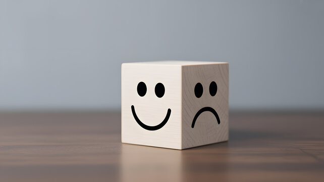 A white cube with a smiley face and a frowning face on a wooden table