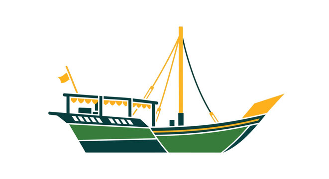Traditional wooden cargo boat with colorful sails and flags.