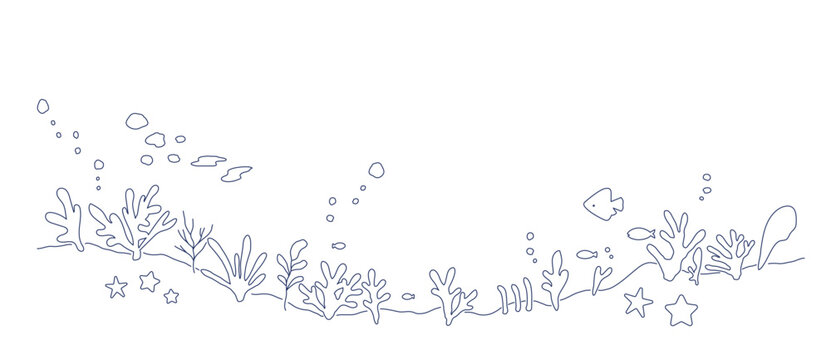 海のフレームイラスト　海　水中　波　海底　背景　マリンモチーフ