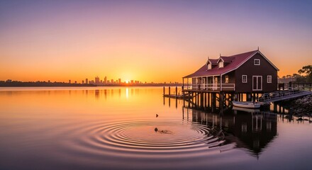 Obraz premium Tranquil lake house at sunset with vibrant colors and clear reflections