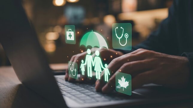 Family Health Insurance Concept: Emerald Green Holographic Protection Shield and Medical Icons Over Laptop