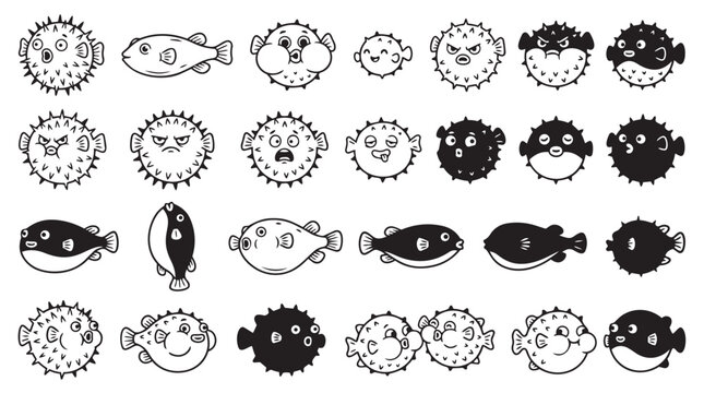 Puffer fish sketch and silhouette design elements set with pufferfish blowfish underwater