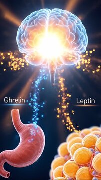 Ghrelin leptin hormone brain stomach fat metabolism science concept vibrant glow 3d illustration glowing vibrant health science art obesity concept artwork blue orange 3d render medical illustration