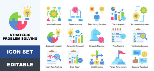Fototapeta premium Strategic Solving icon set. Vector symbols for Analysis, Brainstorming, Conflict, Creative, Decision, Innovation, Logic, Problem, Solution, Strategy