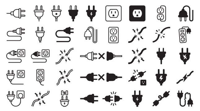Electrical outlet and power plug icon set representing connection disconnection broken wires