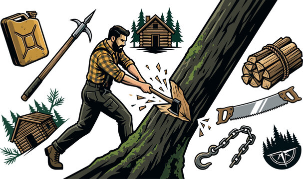 Lumberjack Woodcutter Character Set with Bearded Man Cutting Tree Trunk Cabin Log Firewood Bundle Jerry Can Hand Saw and Forestry Equipment Elements