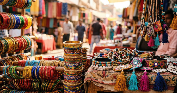 Colorful handicraft jewelry displayed at vibrant market in india with bangles and beaded accessories creating lively atmosphere and culture