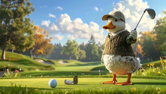 Animated waterfowl character, clad in golf attire, prepares to tee off on a sun-drenched green, with a golf course in the background