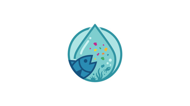 Fish eating plastic pollution in ocean water drop, environmental concept