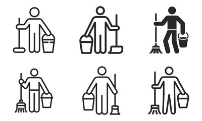 Obraz premium Set of cleaning service icons showing people with brooms and buckets for janitorial and housekeeping maintenance tasks.