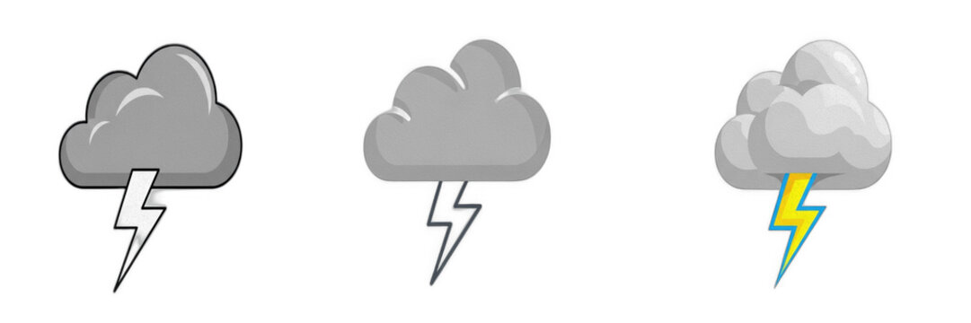 Set of Three Stormy Cloud Icons with Lightning Bolts, Isolated Transparent PNG for Weather Apps, Climate Forecast Graphics, Nature UI Elements, Alert Symbols, and Meteorological Design Projects