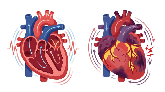 Medical vector illustration comparing a healthy human heart cross-section showing blood flow and internal chambers with a heart experiencing a myocardial infarction or heart attack.