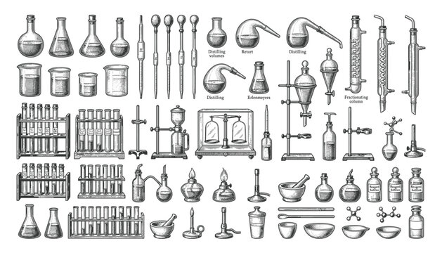 Vintage science laboratory equipment and glassware, etching style vector illustration on transparent background for chemistry.
