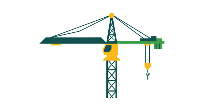Illustrated construction crane with extended arm and hook detail.