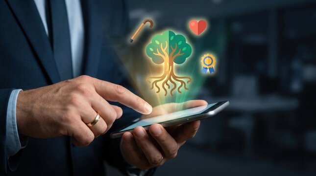 Sustainable Wealth and Insurance Concept: Holographic Tree and Life Security Icons Floating Above Smartphone