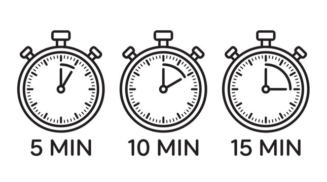 Set of three linear stopwatches indicating 5 15 minutes with stopwatch measurement duration